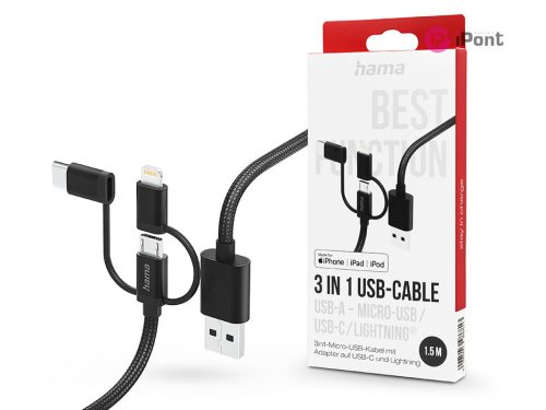 HAMA USB-A - micro USB / Type-C / Lightning adat- és töltőkábel 1,5 m-es        vezetékkel - HAMA 3in1 USB-Cable - fekete