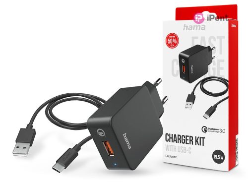 HAMA hálózati töltő adapter USB-A bemenettel + Type-C kábel - 19.5W - HAMA      Charger Kit with USB-C QC3.0 - fekete