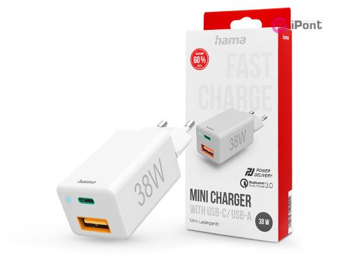 HAMA hálózati töltő adapter Type-C + USB bemenettel - 38W - HAMA Mini Fast      Charge PD3.0 + QC3.0 - fehér