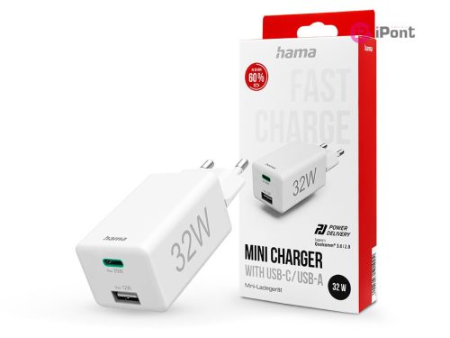 HAMA hálózati töltő adapter Type-C + USB bemenettel - 32W - HAMA Mini Fast      Charge PD3.0 + QC3.0 - fehér