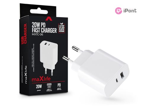 Maxlife MXTC-06 PD+QC 20W hálózati gyorstöltő adapter USB + Type-C - fehér