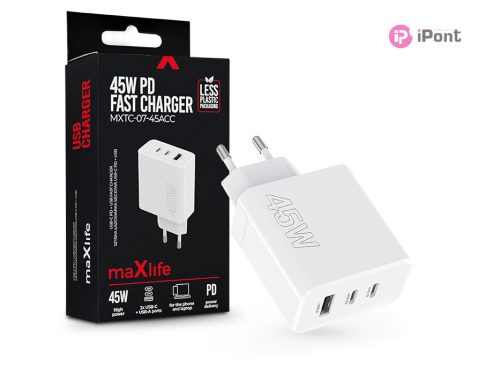 Maxlife MXTC-07-45ACC PD+QC 45W hálózati gyorstöltő adapter 2xType-C + USB -    fehér