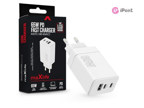Maxlife MXTC-08-65ACC PD+QC 65W hálózati gyorstöltő adapter 2xType-C + USB -    fehér