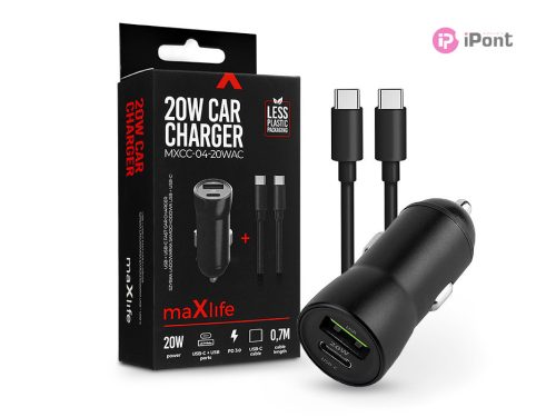 Maxlife szivargyújtós töltő adapter USB + Type-C bemenettel + Type-C - Type-C   kábel - 20W - Maxlife MXCC-04-20WAC PD3.0 + QC3.0 Car Charger - fekete