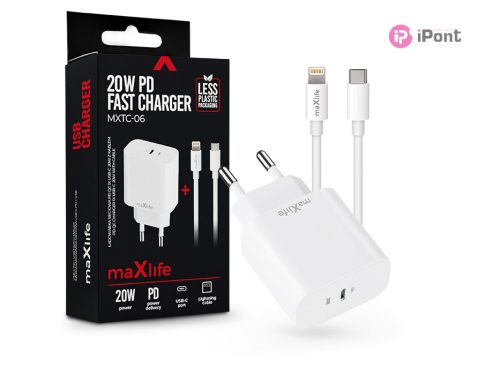 Maxlife MXTC-06 PD+QC 20W hálózati gyorstöltő adapter Type-C + Type-C/Lightning kábel -  fehér