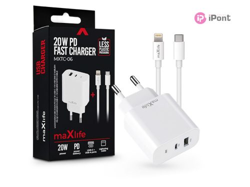 Maxlife MXTC-06 PD+QC 20W hálózati gyorstöltő adapter USB + Type-C +            Type-C/Lightning kábel - fehér