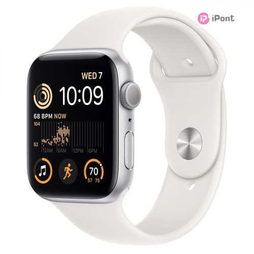 Apple Watch SE (2022), ezüst alumínium tok, fehér sportszíj, 44 mm