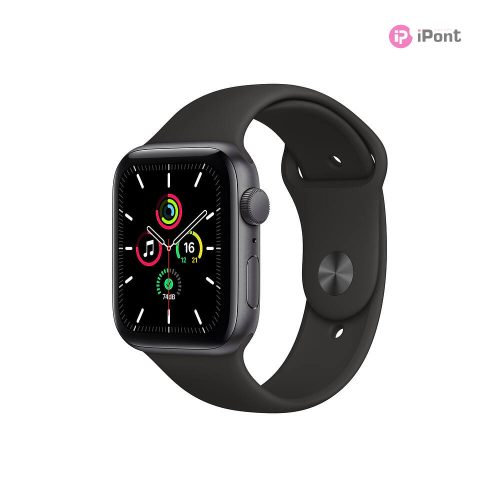 Apple Watch SE okosóra, asztroszürke alumíniumtok, fekete sportszíj, 44mm