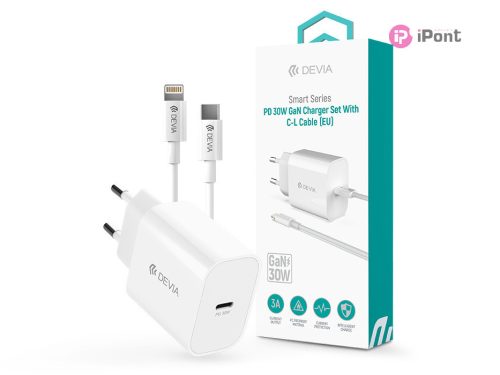 Devia Smart Series 30W GaN PD+QC hálózati gyorstöltő adapter + Type-C/Lightning kábel - fehér
