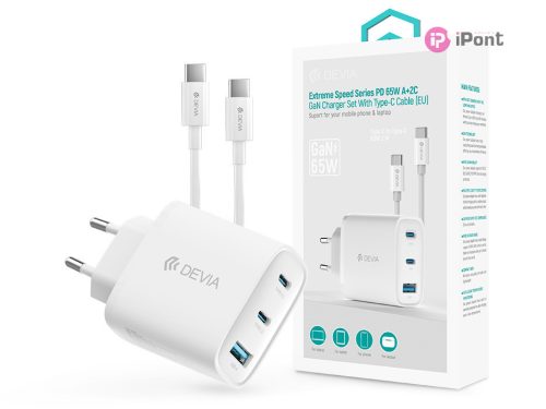 Devia Extreme Speed Series 65W GaN PD hálózati gyorstöltő adapter               USB+2xType-C+Type-C kábel - fehér