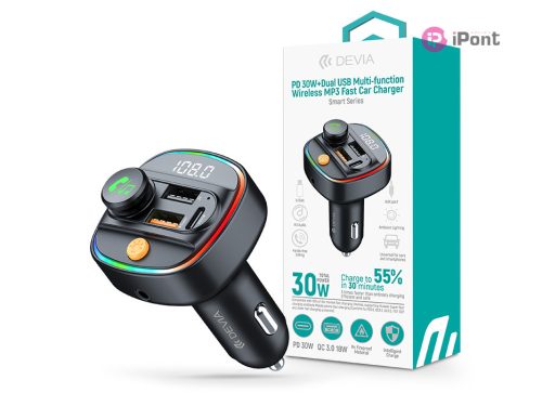Devia Smart Series Bluetooth FM-transmitter/autós gyorstöltő 30W PD+QC 2xUSB/AUX/MP3 - fekete