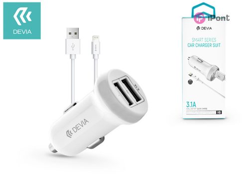 Devia szivargyújtós töltő adapter 2xUSB bemenettel + USB - Lightning kábel -    5V/3,1A - Devia Smart Series Dual Car Charger Suit - fehér