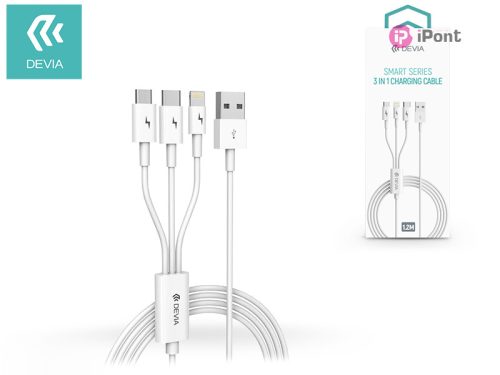 Devia USB töltőkábel 1,2 m-es vezetékkel - Devia Smart Series 3in1 for          Lightning/micro USB/Type-C - 2A - fehér