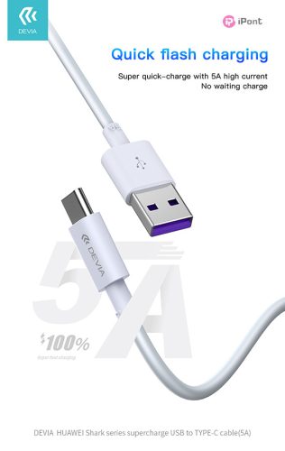 Devia Smart Series Shark USB/Type-C töltő- és adatkábel 1,5m - 5A - fehér