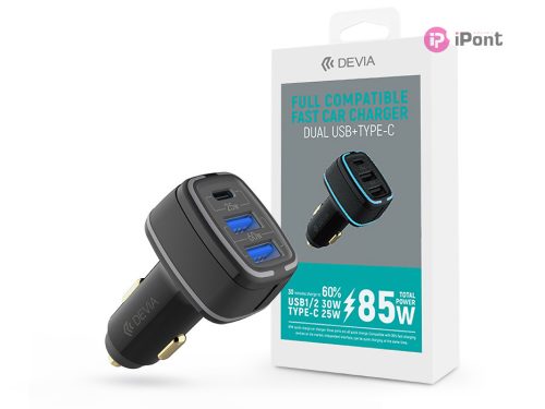 Devia szivargyújtós töltő adapter 2xUSB + Type-C bemenettel - 85W - Devia       Extreme Speed Dual USB + Type-C Full Compatible Fast Car Charger - black