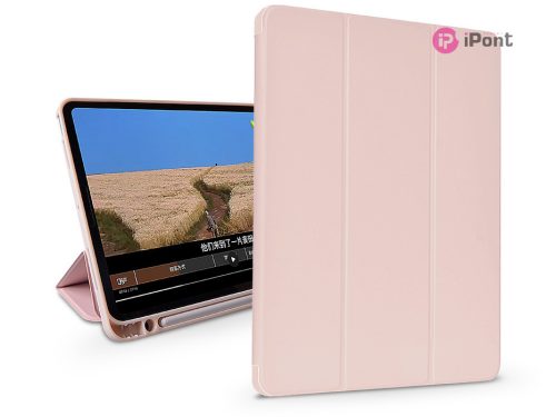 Apple iPad 10.2 (2019/2020/2021) tablet tok (Smart Case) on/off funkcióval,     Apple Pencil tartóval, mágneses töltővel - Devia Leather Case With Pencil Slot -pink