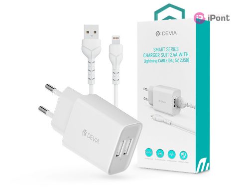 Devia Smart 2xUSB hálózati töltő adapter + USB - Lightning USB kábel 1 m-es     vezetékkel - 12W - Devia Smart Series Charger Suit With Lightning Cable - fehér