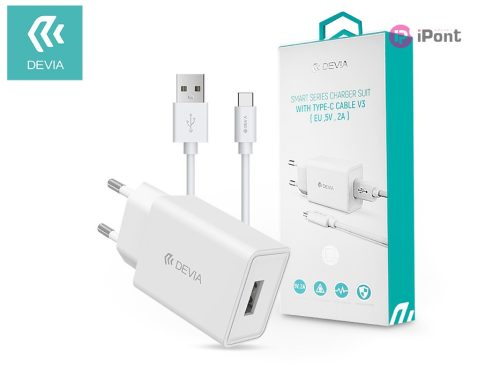 Devia Smart USB hálózati töltő adapter + USB Type-C kábel 1 m-es vezetékkel -   Devia Smart Series Charger Suit With Type-C Cable V3 - 5V/2A - white