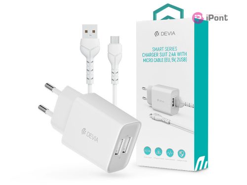 Devia Smart 2xUSB hálózati töltő adapter + USB - micro USB kábel 1 m-es         vezetékkel - 12W - Devia Smart Series Charger Suit With Micro Cable - fehér