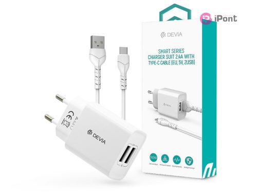 Devia Smart Series 12W 2xUSB hálózati töltő adapter + USB/Type-C kábel 1m - fehér