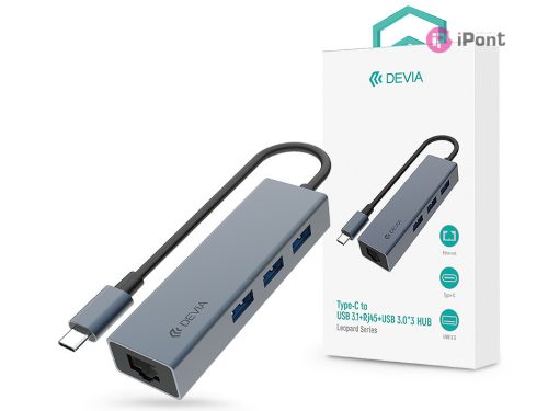 Devia USB Type-C - USB 3.1 + RJ45 + 3xUSB 3.0 elosztó/adapter - Devia Leopard   Series 5 in 1 Hub - szürke