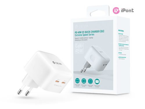 Devia GaN hálózati töltő adapter 2xType-C bemenettel - 45W - Devia Extreme SpeedSeries PD 45W 2C Quick Charger - fehér