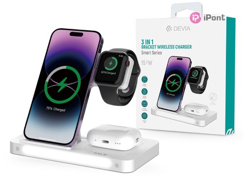 Devia Qi univerzális vezeték nélküli töltő állomás - 15W - Devia Smart Series 3 In 1 Bracket Wireless Charger for Smartphone + iWatch + Airpods - fehér