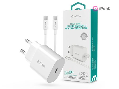 Devia hálózati töltő adapter Type-C bemenettel + Type-C - Type-C adatkábel - 25W- Devia Smart Series PD Quick Charger Set - fehér