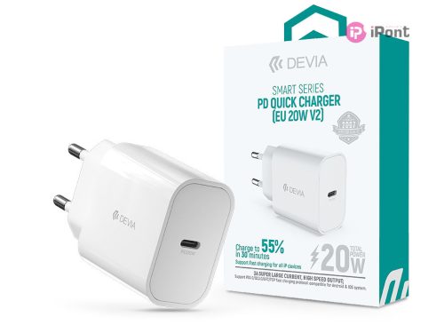 Devia hálózati töltő adapter Type-C bemenettel - 20W - Devia Smart Series PD    Quick Charger V2 - fehér