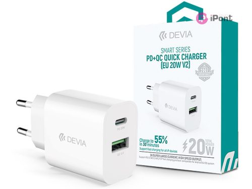 Devia Smart Series 20W PD+QC hálózati gyorstöltő adapter V2 Type-C/USB - fehér