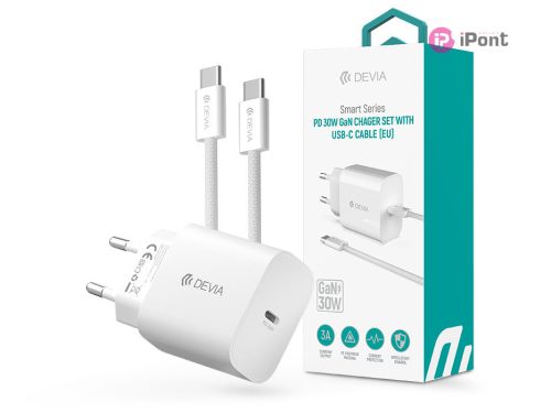 Devia Smart Series 30W GaN PD+QC hálózati gyorstöltő adapter + Type-C/Type-C    kábel - fehér