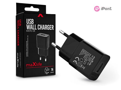 Maxlife USB hálózati töltő adapter - Maxlife MXTC-01 USB Wall Charger - 5V/1A - fekete