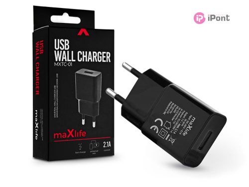 Maxlife USB hálózati töltő adapter - Maxlife MXTC-01 USB Wall Fast Charger - 5V/2,1A - fekete