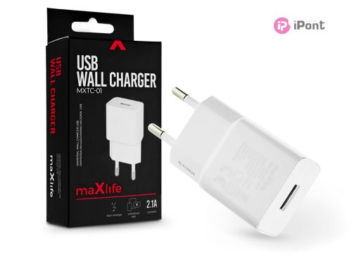 Maxlife USB hálózati töltő adapter - Maxlife MXTC-01 USB Wall Fast Charger -    5V/2,1A - fehér