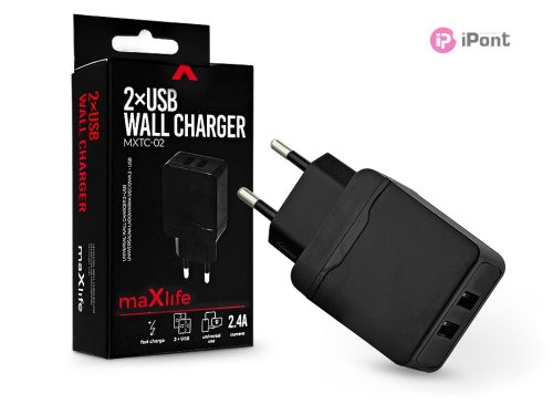 Maxlife 2xUSB hálózati töltő adapter - Maxlife MXTC-02 2xUSB Wall Fast Charger -5V/2,4A - fekete