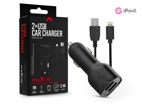 Maxlife MXCC-01 12W 2xUSB autós töltő adapter+USB/Lightning kábel 1m - fekete