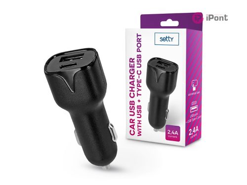 Setty szivargyújtó töltő adapter USB + Type-C bemenettel - Setty Car USB Chargerwith USB +Type-C Ports - 5V/2,4A - fekete