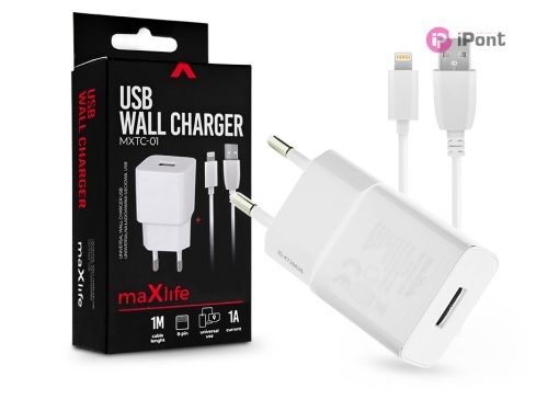 Maxlife USB hálózati töltő adapter + USB - Lightning kábel 1 m-es vezetékkel -  5W - Maxlife MXTC-01 USB Wall Charger - fehér
