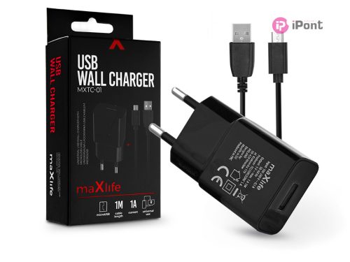 Maxlife USB hálózati töltő adapter + USB - micro USB kábel 1 m-es vezetékkel -  Maxlife MXTC-01 USB Wall Charger - 5V/1A - fekete