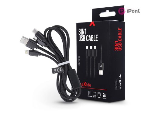 Maxlife USB töltő- és adatkábel 1 m-es vezetékkel - Maxlife 3in1 for            Lightning/microUSB/Type-C USB Cable - 5V/2A - fekete